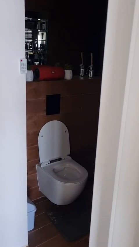 אסלה תלויה בנישה עם חיפוי קיר בדמוי עץ
